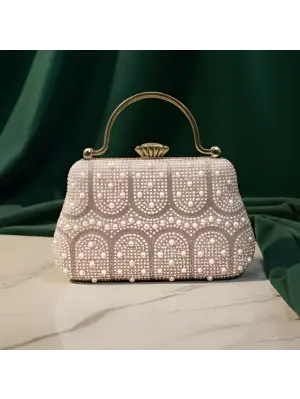 Women White Pearl & Arch-Pattern Handle Clutch