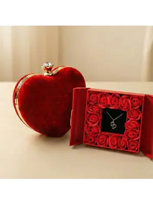 Woman Valentine Special Red Velvet Heart Clutch & Eternal Red Roses Gift Box with Heart Design Necklace