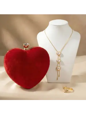 Woman Valentine Special Red Velvet Heart Clutch & Triple Heart Drop Necklace Combo