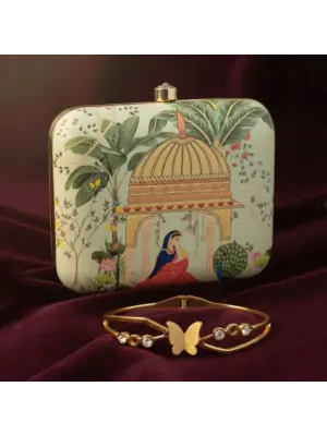 Woman Printed Clutch & Gold-Plated Butterfly Bangle | Festive Luxe Combo