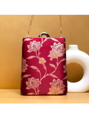 Women Maroon Floral Brocade Vertical Clutch