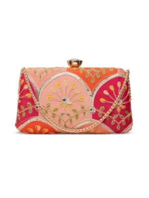 Woman Pink & Red Embroidered Clutch