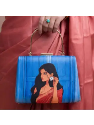 Woman Blue Based Red Saree Women Portrait Printed Clutch