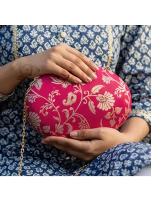 Women Magenta Pink Based Silver Floral Pattern Brocade Fabric Oval Clutch
