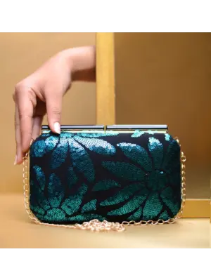 Women Black and Blue Sequins Fabric Party Clutch