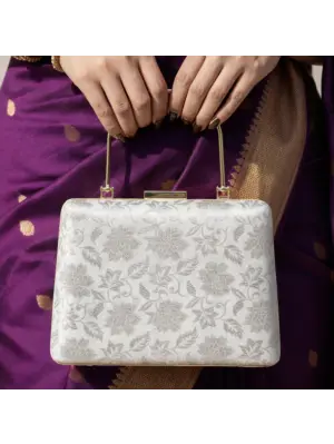 Women White And Silver Brocade Fabric Clutch