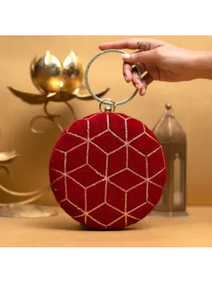 Woman Red And Golden Sequin Embroidery Round Clutch
