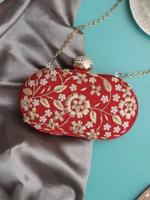 Women Red Embroidered Party Wear Clutch