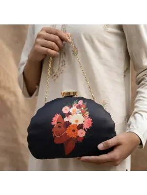 Women Black Girl And Flower Printed Clutch