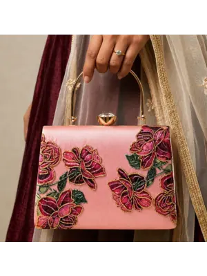 Woman Pink Rose Embroidered Designer Clutch Bag