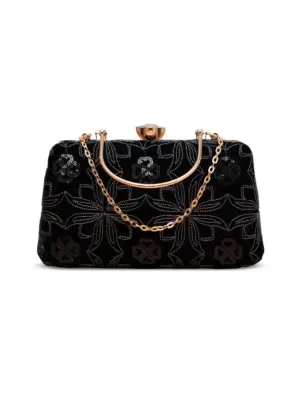 Woman Black Velvet Embroidery Clutch