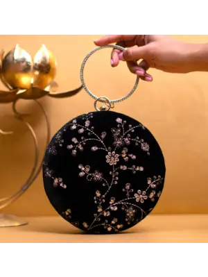 Women Black And Golden Floral Sequins Embroidery Clutch