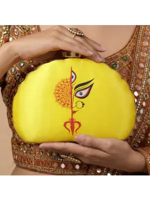Women Yellow Durga Printed D-Shape Clutch