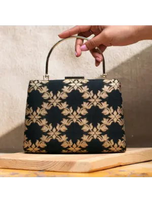 Women Black And Golden Brocade Fabric Clutch