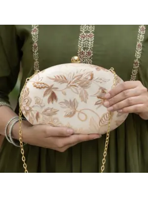 Woman White Based Silver Brocade Fabric Oval Clutch