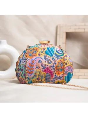 Woman Multicolour Embroidery Moon Shape Clutch
