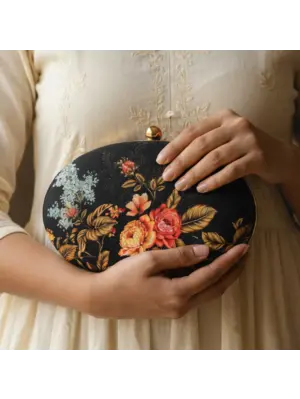 Women Yellow And Red Floral Printed Oval Clutch