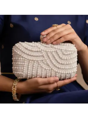 Women White Pearl Beaded Evening Clutch