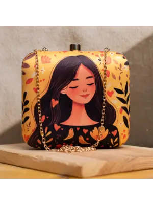 Women Yellow Girl And Birds Printed Clutch