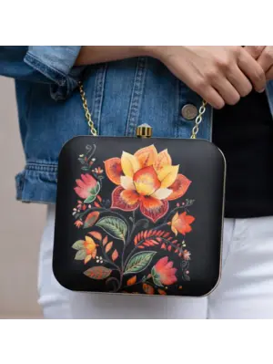 Woman Black Based Yellow And Red Floral Printed Clutch