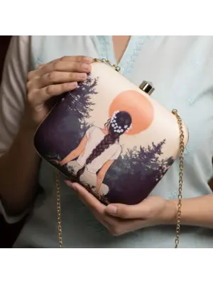 Women Beige Based Girl Portrait Printed Clutch