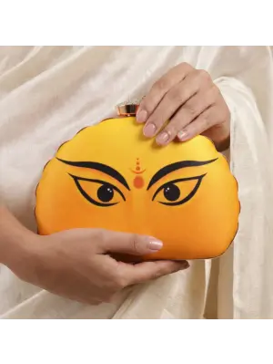 Women Durga Eyes Yellow Printed D-Shape Clutch