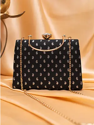 Woman Elegant Black & Gold Jacquard Evening Bag