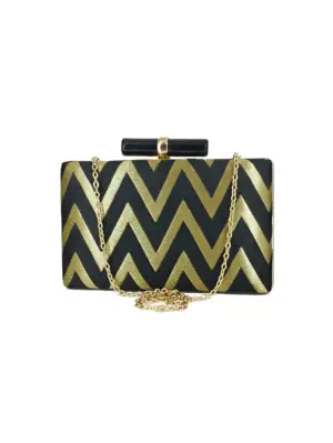 Woman Elegant Black Gold Zigzag Embroidered Clutch