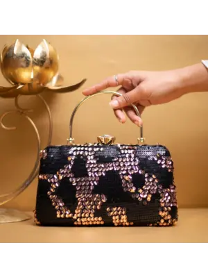 Woman Rose Gold And Black Sequins Party Clutch