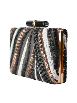 Women Black Box Shaped Clutch With Golden, White And Sliver Work