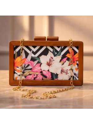 Women White Floral Wooden Printed Clutch