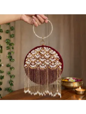 Woman Elegant Floral Pearl Handcrafted Embroidered Round Clutch