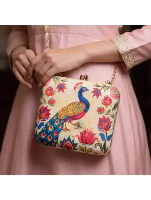 Women Biege Based Peacock Printed Clutch