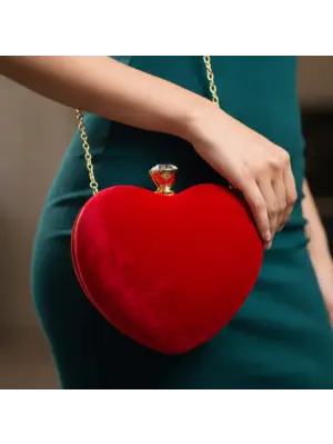 Women Red Velvet Fabric Heart Shape Clutch