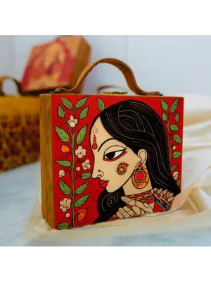 Women Madhubani Portrait Printed Suitcase Style Clutch