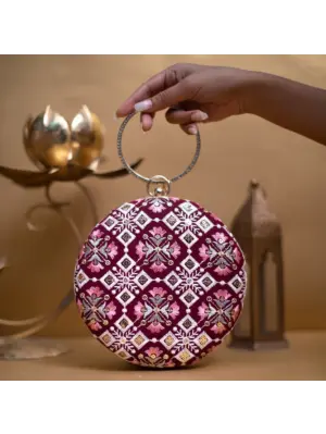 Woman Maroon And Pink Floral Embroidery Round Clutch