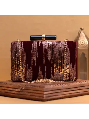 Women Golden Sequins Maroon Embroidery Clutch