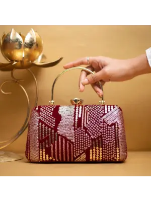 Women Red Sequins Multipattern Embroidery Party Clutch