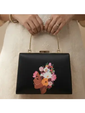 Women Black Based Floral Lady Portrait Printed Clutch