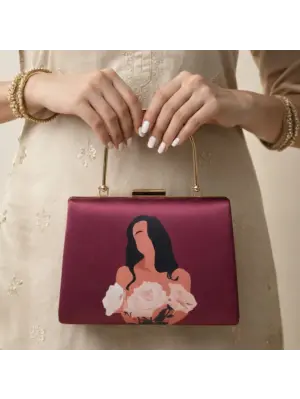 Women Maroon Based Floral Girl Portrait Printed Clutch