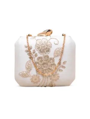 Woman Ivory Floral Gold Embroidered Clutch