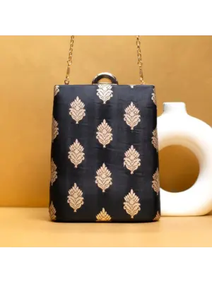 Women Black Brocade Fabric Vertical Clutch