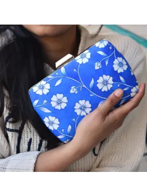 Woman Blue and White Floral Printed Clutch