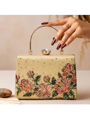 Women Gold Floral Embellished Luxury Clutch Bag