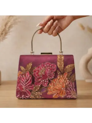 Women Printed Burgundy Floral Sequin Clutch with Hand Embroidery