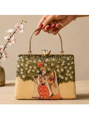 Woman Printed Radha Krishna Divine Art Clutch with Hand Embroidery