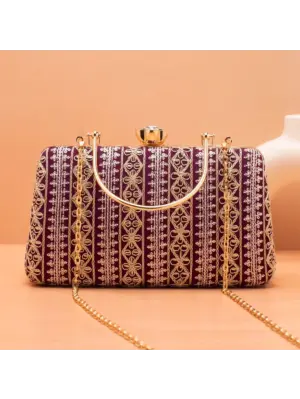 Woman Wine Based White And Golden Threadwork Embroidery Clutch