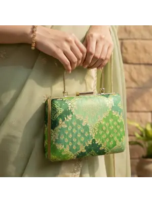 Woman Classic Green Ethnic Embroidered Clutch