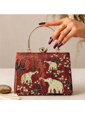 Women Crimson Elephant Garden Embroidered Clutch