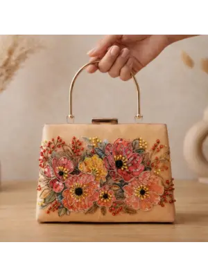 Women Printed Champagne Floral Beaded Clutch with Hand Embroidery
